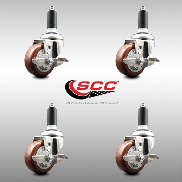 Service Caster 3 Inch 316SS Maroon Poly Swivel 1 Inch Expanding Stem Caster Set Brake SCC SCC-SS316EX20S314-PPUB-MRN-TLB-1-4 - main